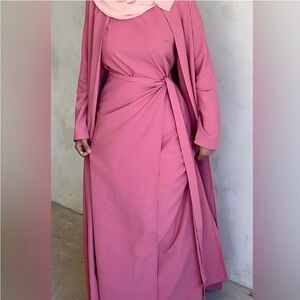 Veiled collection Noora Abaya 3 piece set Elegant Pink Maxi Dress